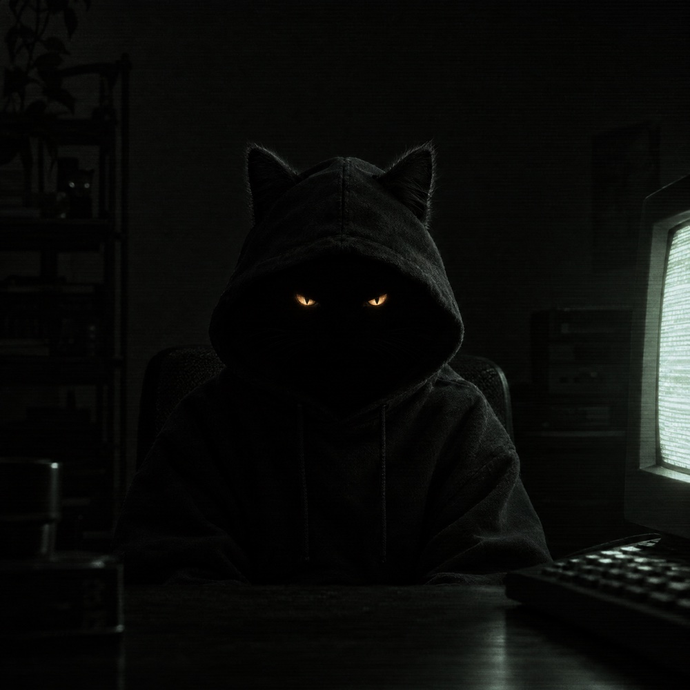 An anonymous cat in a black hoodie, face lost in shadow, only glowing eyes, beside an old CRT